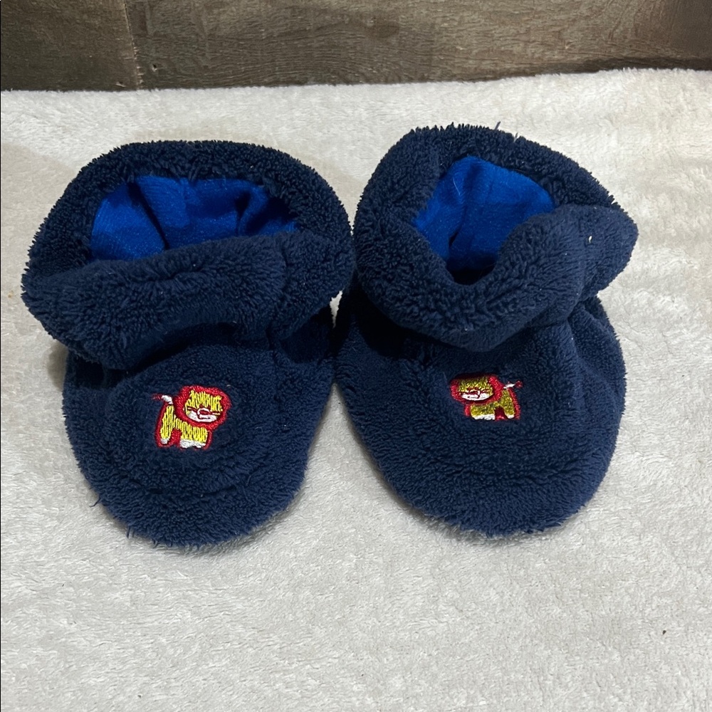 Navy Blue Fleece Baby Booties with Lion Embroidery